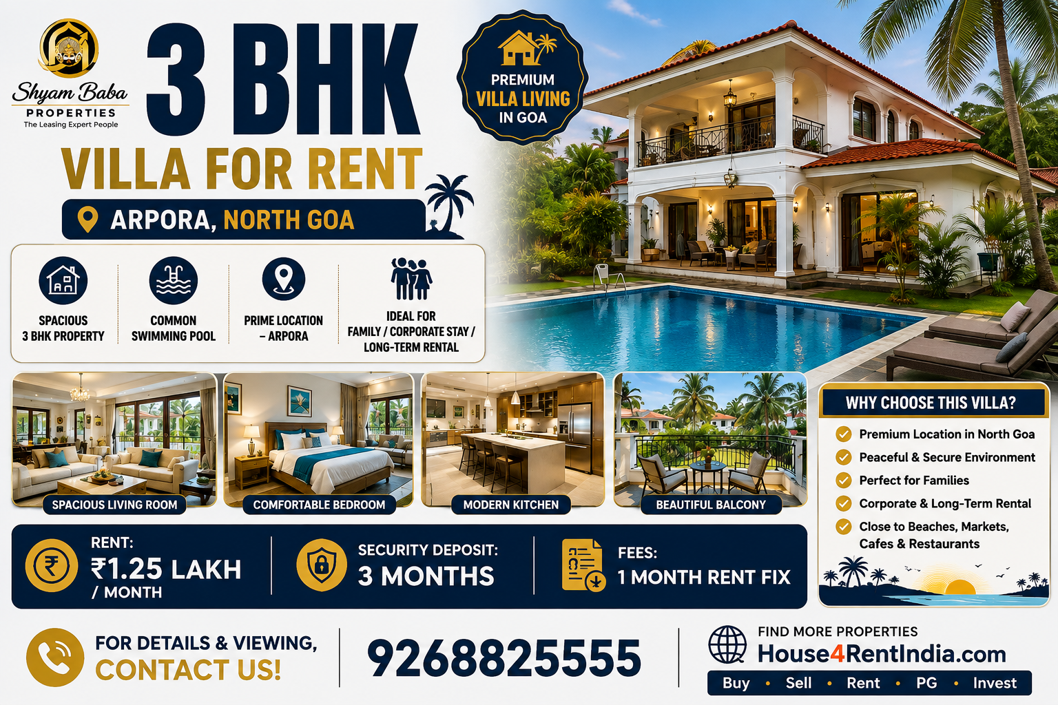 🏡 3 BHK Villa for Rent in Arpora, Goa
